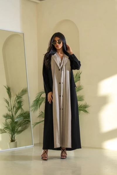 Black Blazer Abaya with Beige Stripe IB218 Striped beige